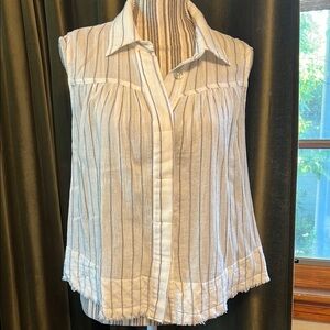 White Cotton Linen Sleeveless Striped Button-Up cropped Top